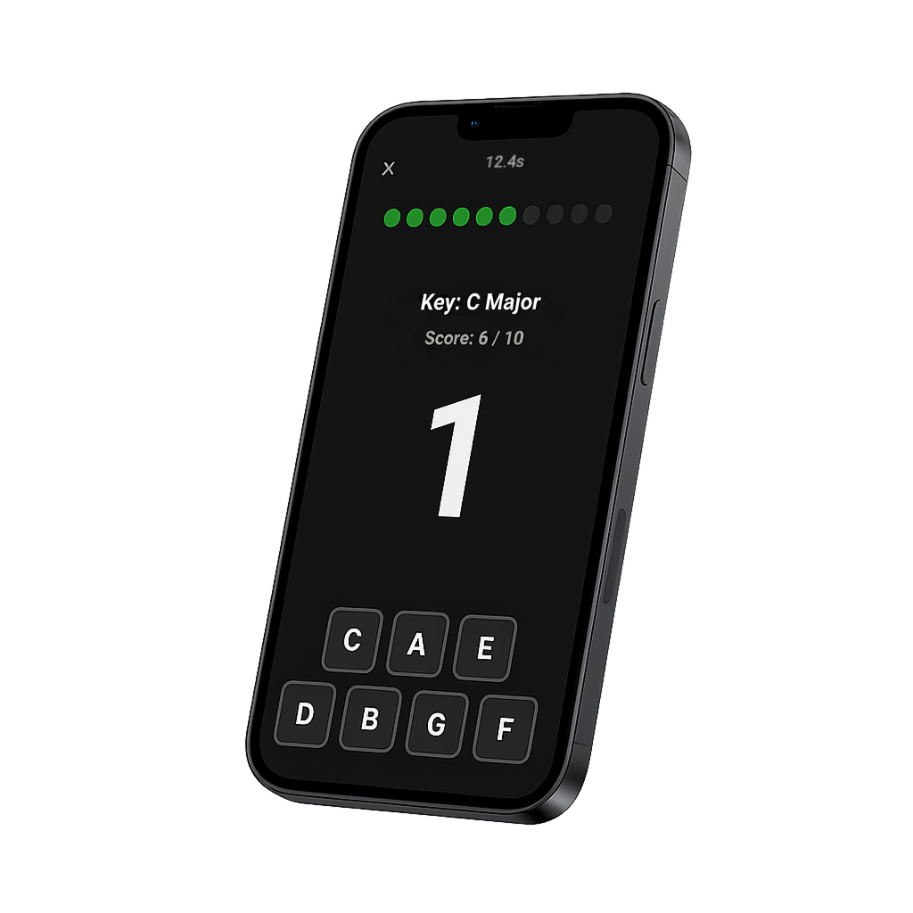 A smartphone mockup showing the Melonic app’s scale degree quiz in C Major with a speed timer and progress dots.