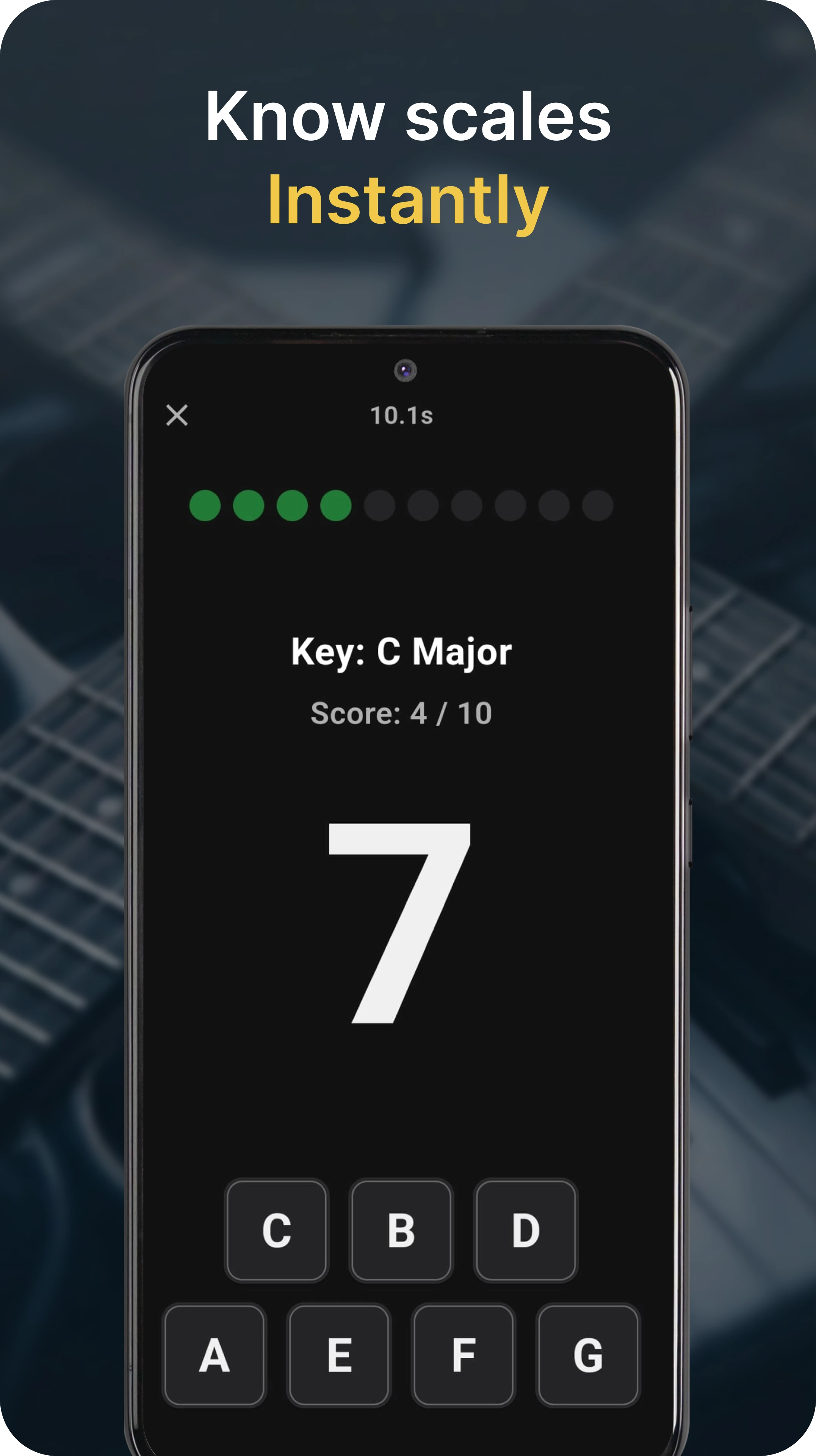 Interactive music theory quiz on Melonic app showing gamified scale identification for musicians.